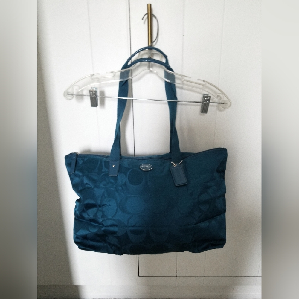 PACKABLE COACH TRAVEL TOTE BAG TEAL LARGE